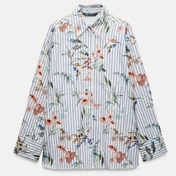 Zara - Striped Poplin Button-Down Shirt with All-Over Bird Print in White/Blue - Picture 2 of 9